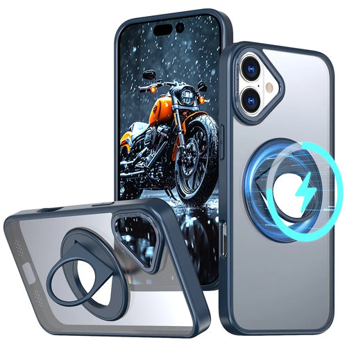 For iPhone 16 Case Compatible with MagSafe Rotating Kickstand TPU+PC Clear Back Phone Cover - Navy Blue - 1