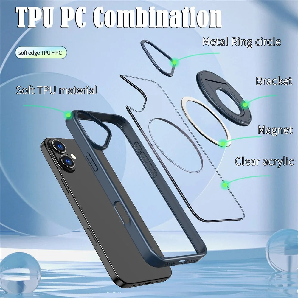 For iPhone 16 Case Compatible with MagSafe Rotating Kickstand TPU+PC Clear Back Phone Cover - Navy Blue - 4