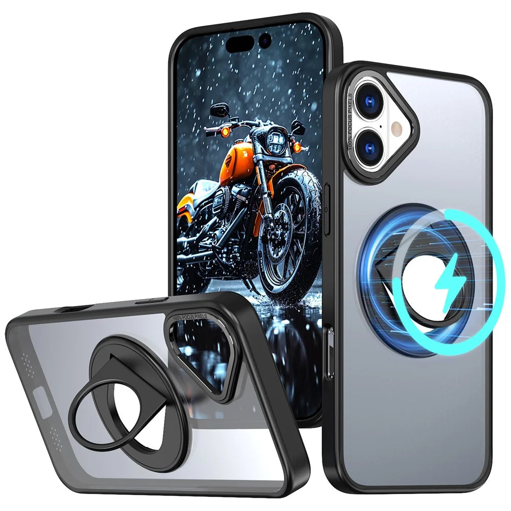 For iPhone 16 Plus Clear Back Case Rotating Kickstand TPU+PC Phone Cover Compatible with MagSafe - Black - 1