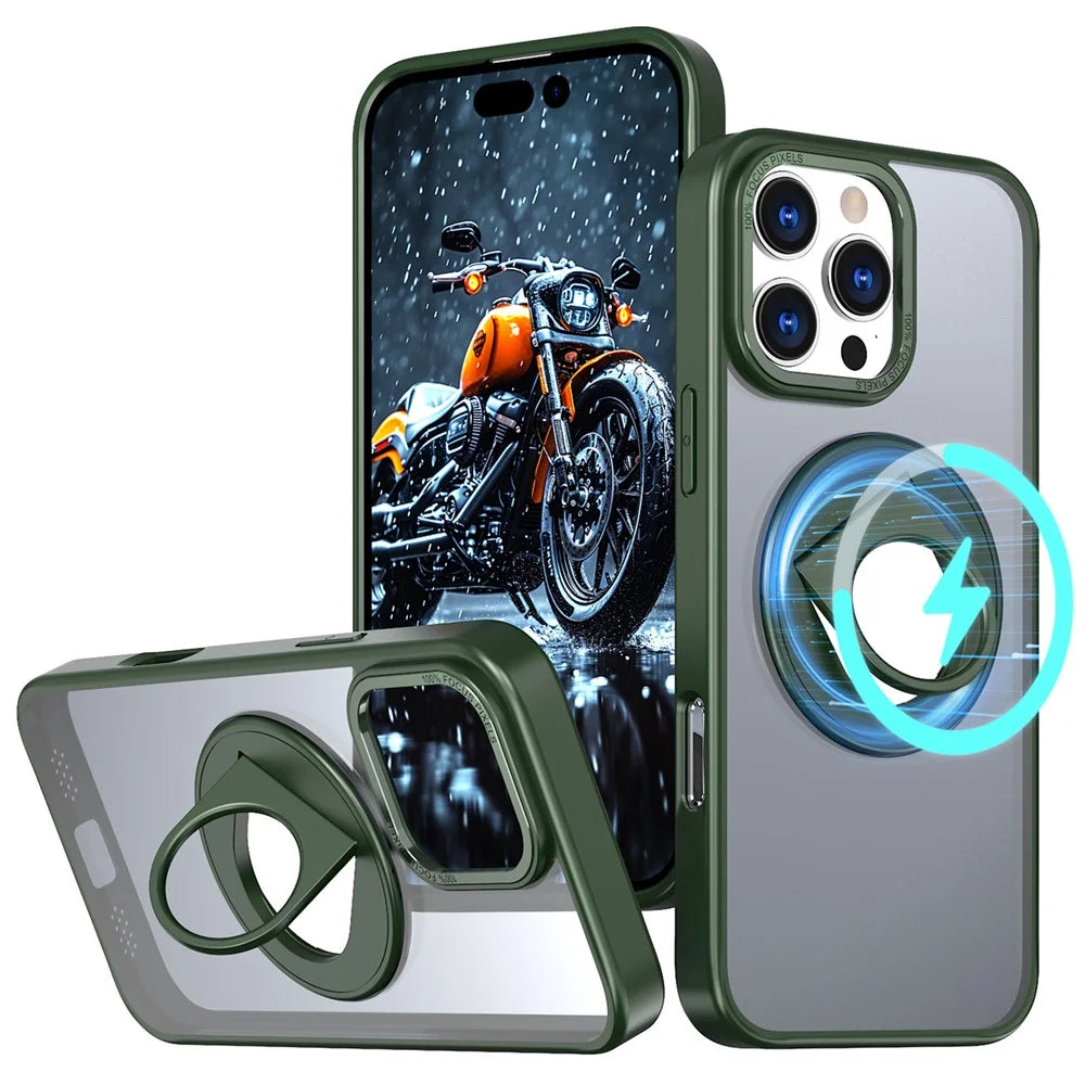 For iPhone 16 Pro Clear Back Case Compatible with MagSafe TPU+PC Kickstand Phone Cover - Blackish Green - 1
