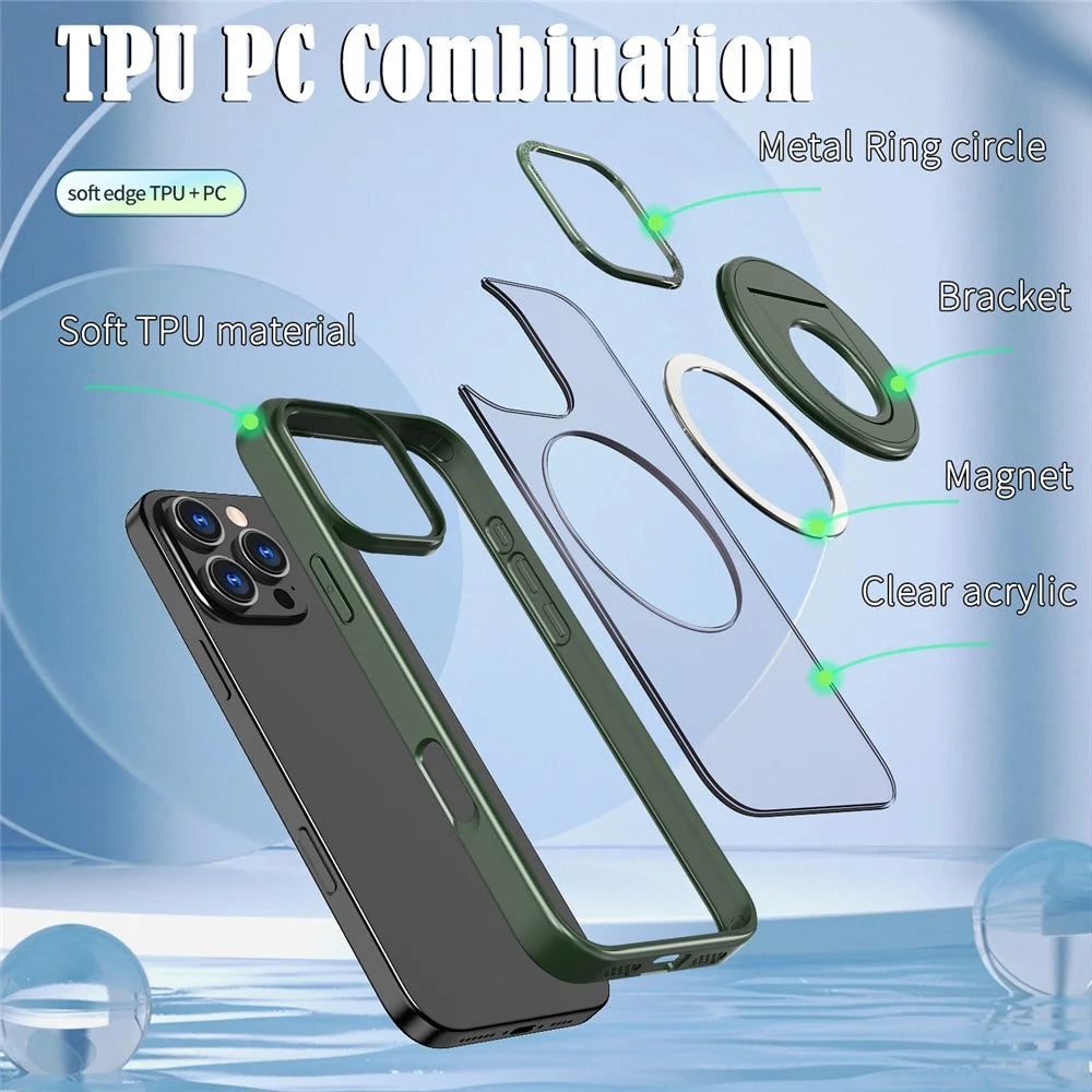 For iPhone 16 Pro Clear Back Case Compatible with MagSafe TPU+PC Kickstand Phone Cover - Blackish Green - 4