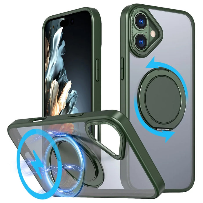 For iPhone 16 Plus Phone Case Ring Kickstand Back Cover Compatible with MagSafe - Blackish Green - 1