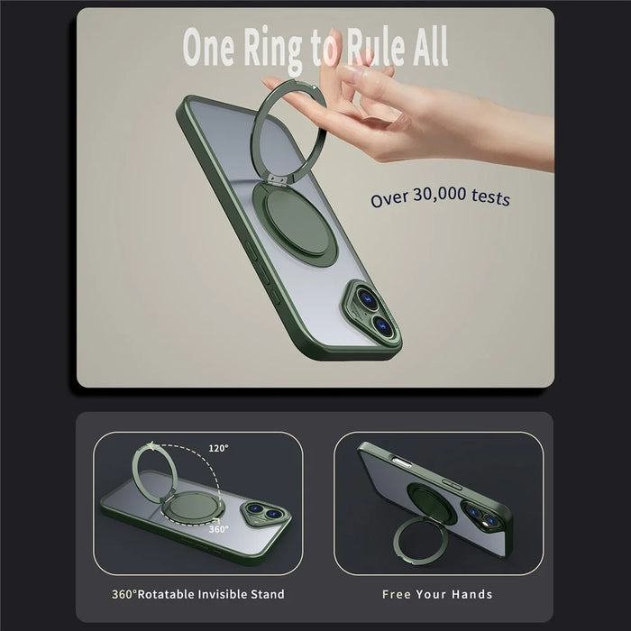 For iPhone 16 Plus Phone Case Ring Kickstand Back Cover Compatible with MagSafe - Blackish Green - 4