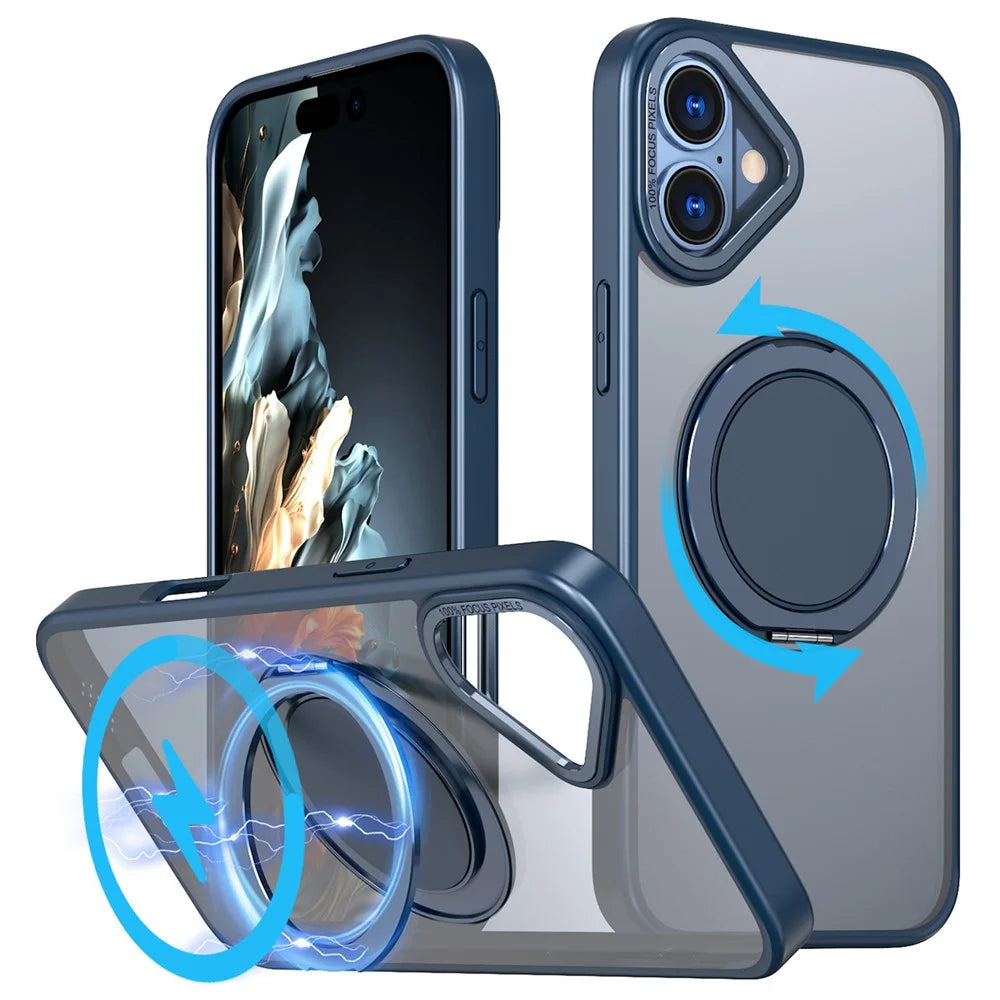 For iPhone 16 Phone Case Ring Kickstand Back Cover Compatible with MagSafe - Navy Blue - 1