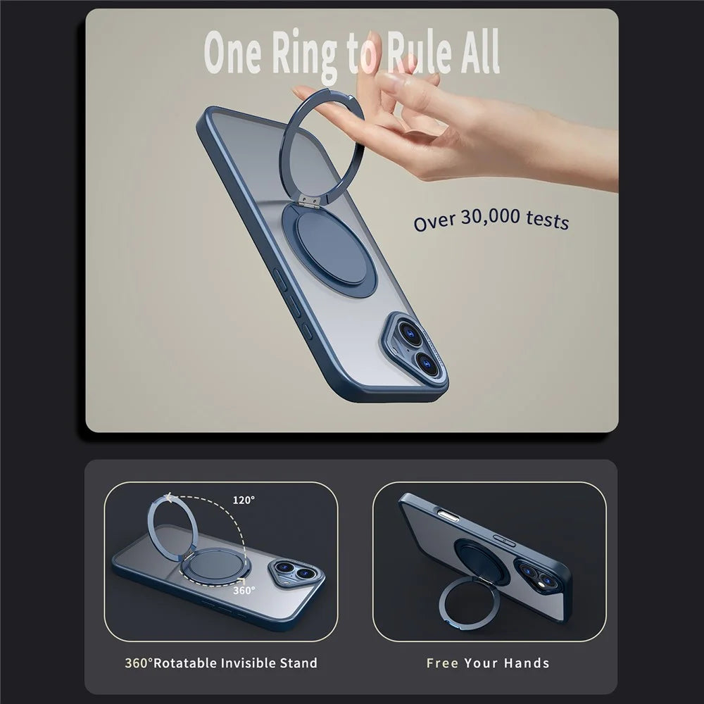 For iPhone 16 Phone Case Ring Kickstand Back Cover Compatible with MagSafe - Navy Blue - 4