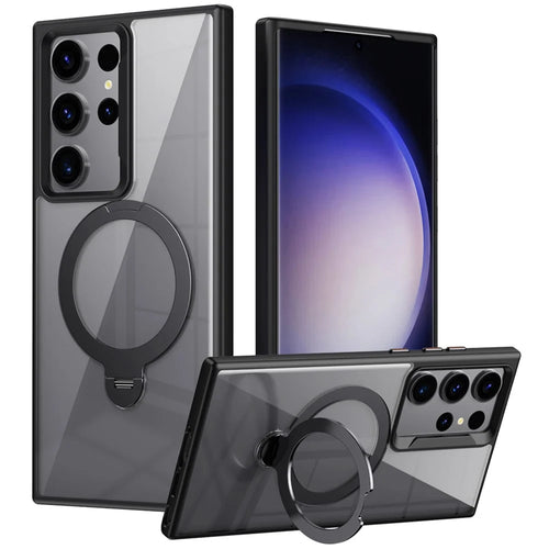 For Samsung Galaxy S23 Ultra Magnetic Case TPU+Acrylic Phone Cover Rotary Ring Kickstand - Black - 1