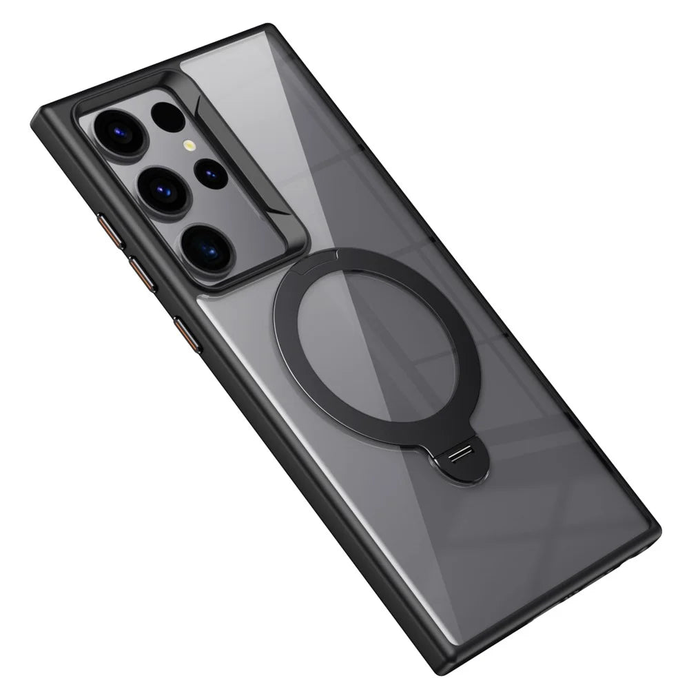 For Samsung Galaxy S23 Ultra Magnetic Case TPU+Acrylic Phone Cover Rotary Ring Kickstand - Black - 2