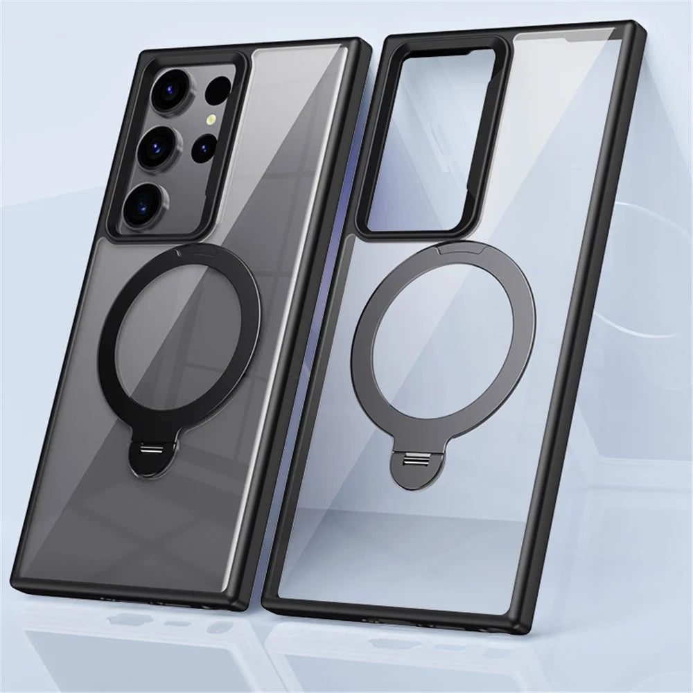 For Samsung Galaxy S23 Ultra Magnetic Case TPU+Acrylic Phone Cover Rotary Ring Kickstand - Black - 3