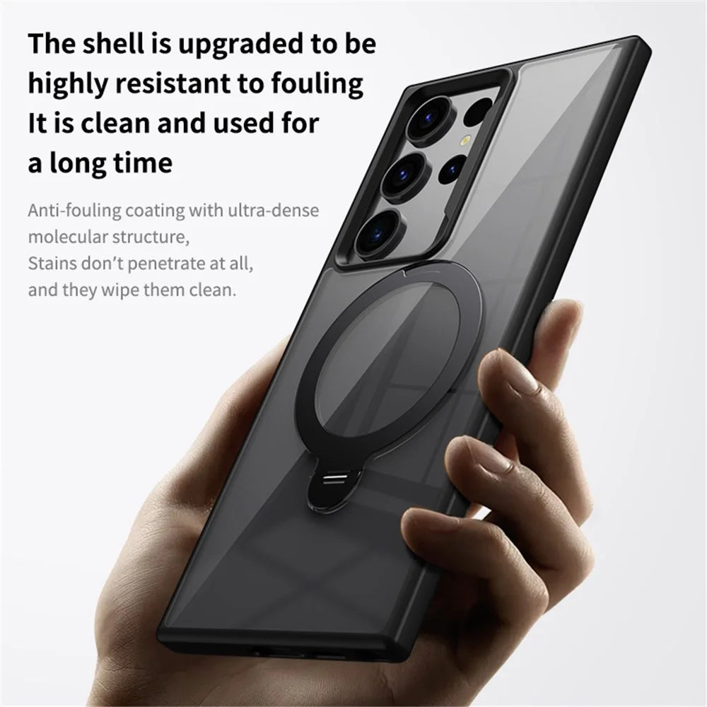 For Samsung Galaxy S23 Ultra Magnetic Case TPU+Acrylic Phone Cover Rotary Ring Kickstand - Black - 4