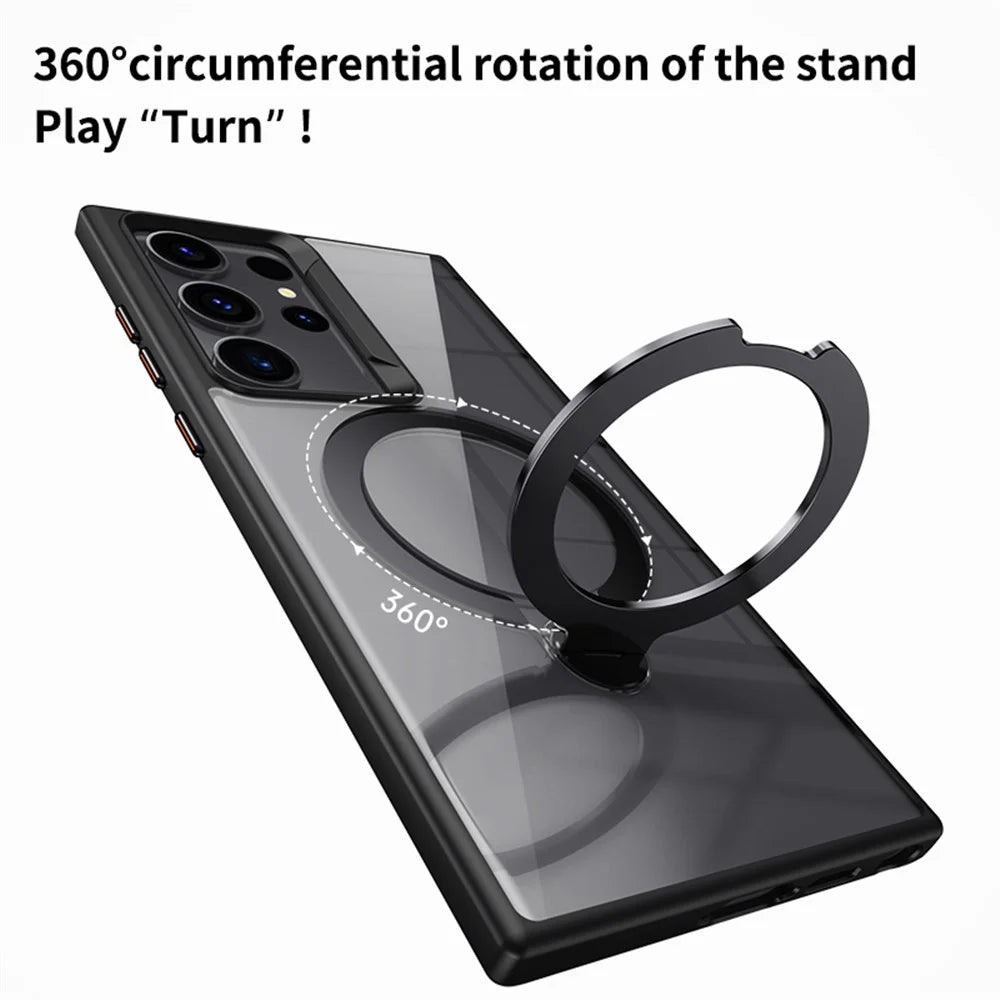 For Samsung Galaxy S23 Ultra Magnetic Case TPU+Acrylic Phone Cover Rotary Ring Kickstand - Black - 6