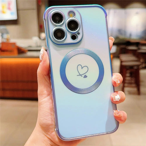 For iPhone 13 Pro Max Magnetic Case Side Love Heart TPU Phone Cover Gradient Holographic - Colorful Blue - 1