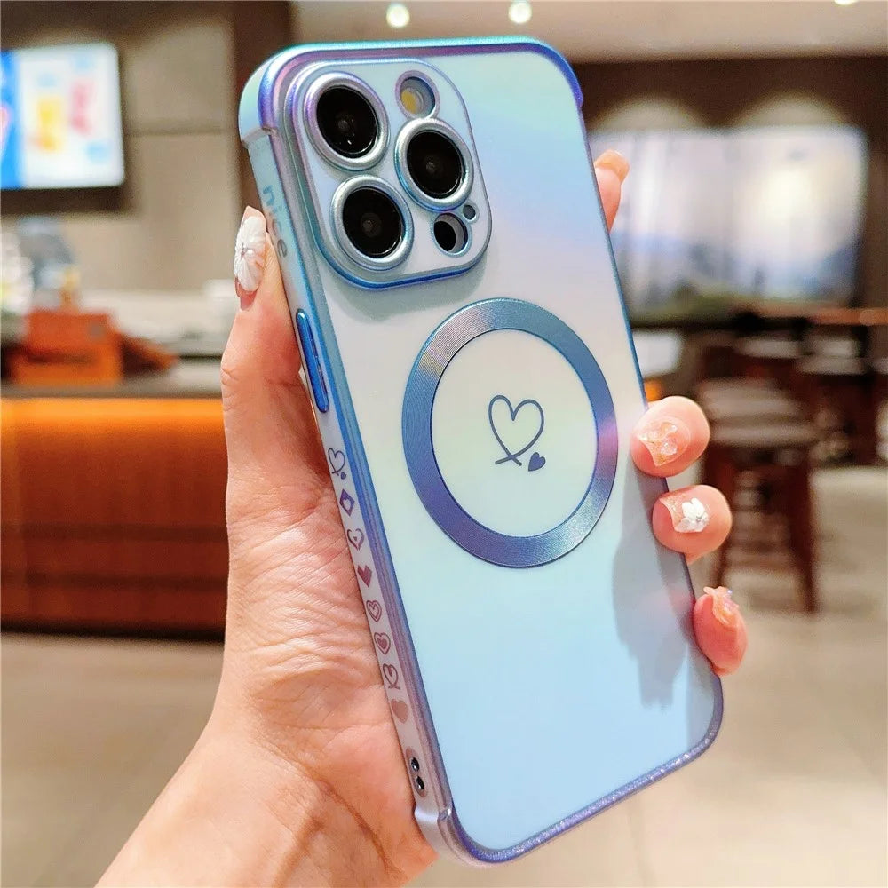 For iPhone 13 Pro Max Magnetic Case Side Love Heart TPU Phone Cover Gradient Holographic - Colorful Blue - 2