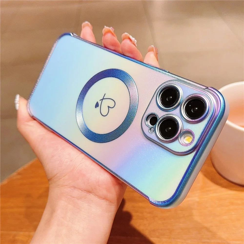 For iPhone 13 Pro Max Magnetic Case Side Love Heart TPU Phone Cover Gradient Holographic - Colorful Blue - 3
