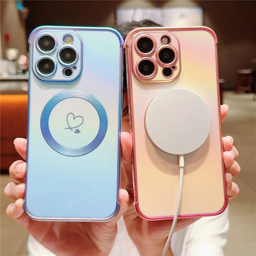For iPhone 13 Pro Max Magnetic Case Side Love Heart TPU Phone Cover Gradient Holographic - Colorful Blue - 5