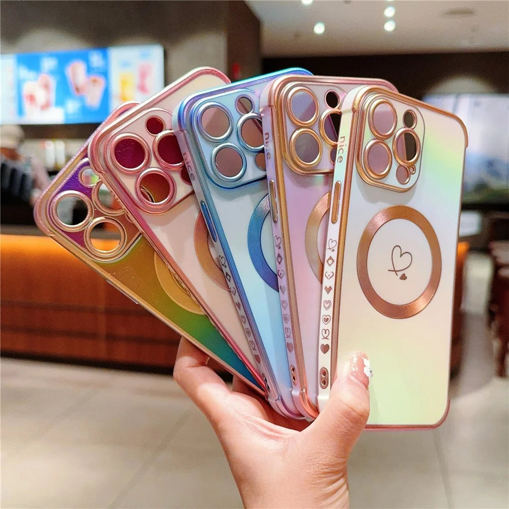 For iPhone 13 Pro Max Magnetic Case Side Love Heart TPU Phone Cover Gradient Holographic - Colorful Blue - 6