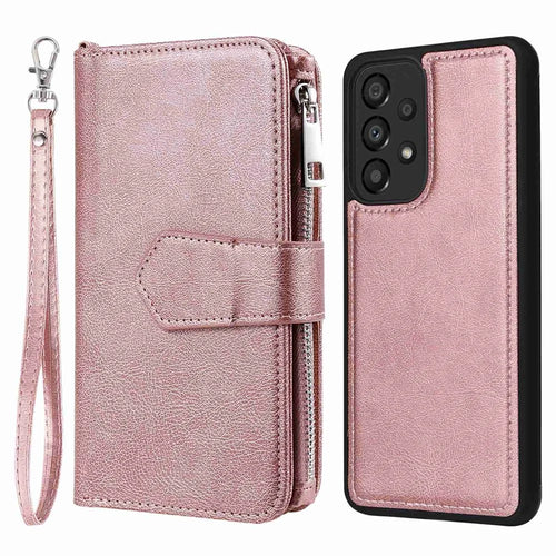For Samsung Galaxy A33 5G Magnetic Leather Case Mobile Cover with Detachable Zipper Wallet Strap - Rose Gold - 1