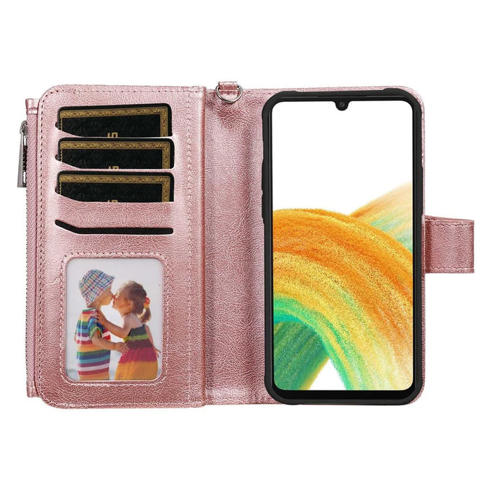 For Samsung Galaxy A33 5G Magnetic Leather Case Mobile Cover with Detachable Zipper Wallet Strap - Rose Gold - 2