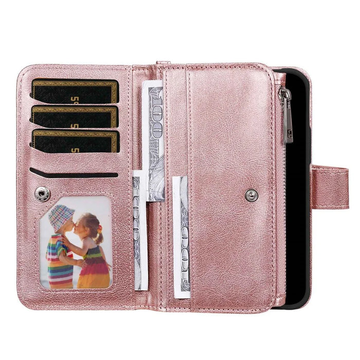 For Samsung Galaxy A33 5G Magnetic Leather Case Mobile Cover with Detachable Zipper Wallet Strap - Rose Gold - 5