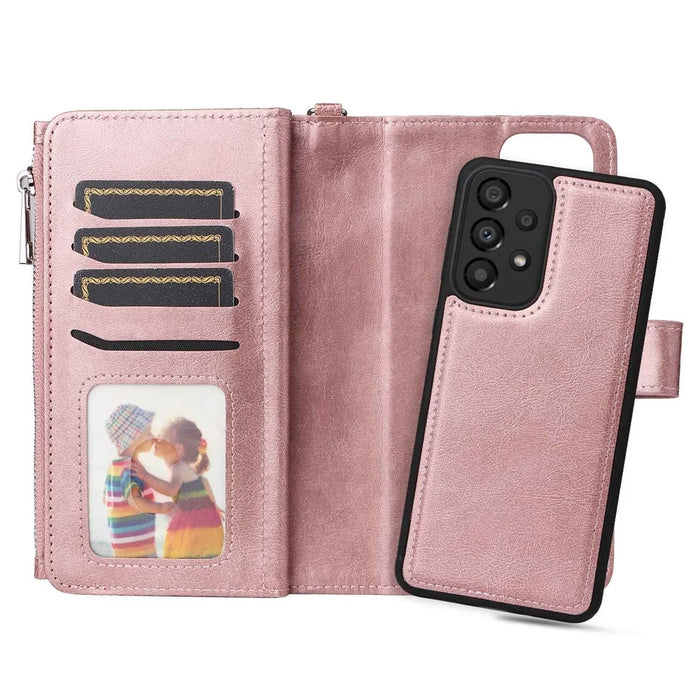 For Samsung Galaxy A33 5G Magnetic Leather Case Mobile Cover with Detachable Zipper Wallet Strap - Rose Gold - 6