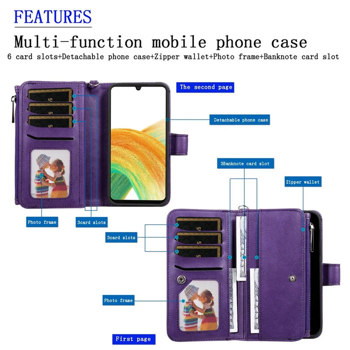 For Samsung Galaxy A33 5G Magnetic Leather Case Mobile Cover with Detachable Zipper Wallet Strap - Rose Gold - 7