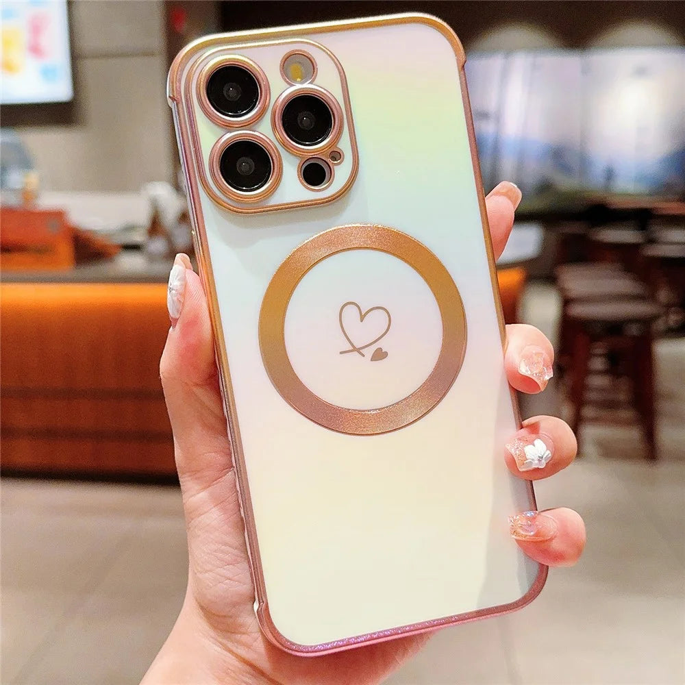 For iPhone 13 Pro Magnetic Case TPU Phone Cover Love Hearts Rainbow Raised Lens Protection - Colorful White - 1