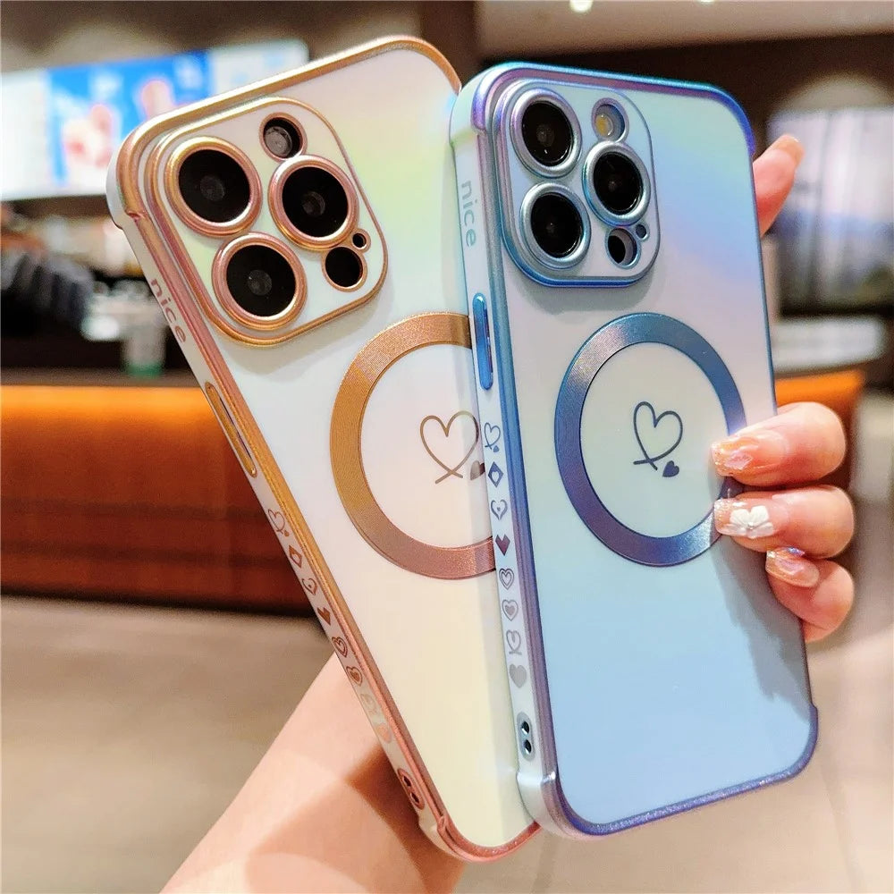 For iPhone 13 Pro Magnetic Case TPU Phone Cover Love Hearts Rainbow Raised Lens Protection - Colorful White - 4
