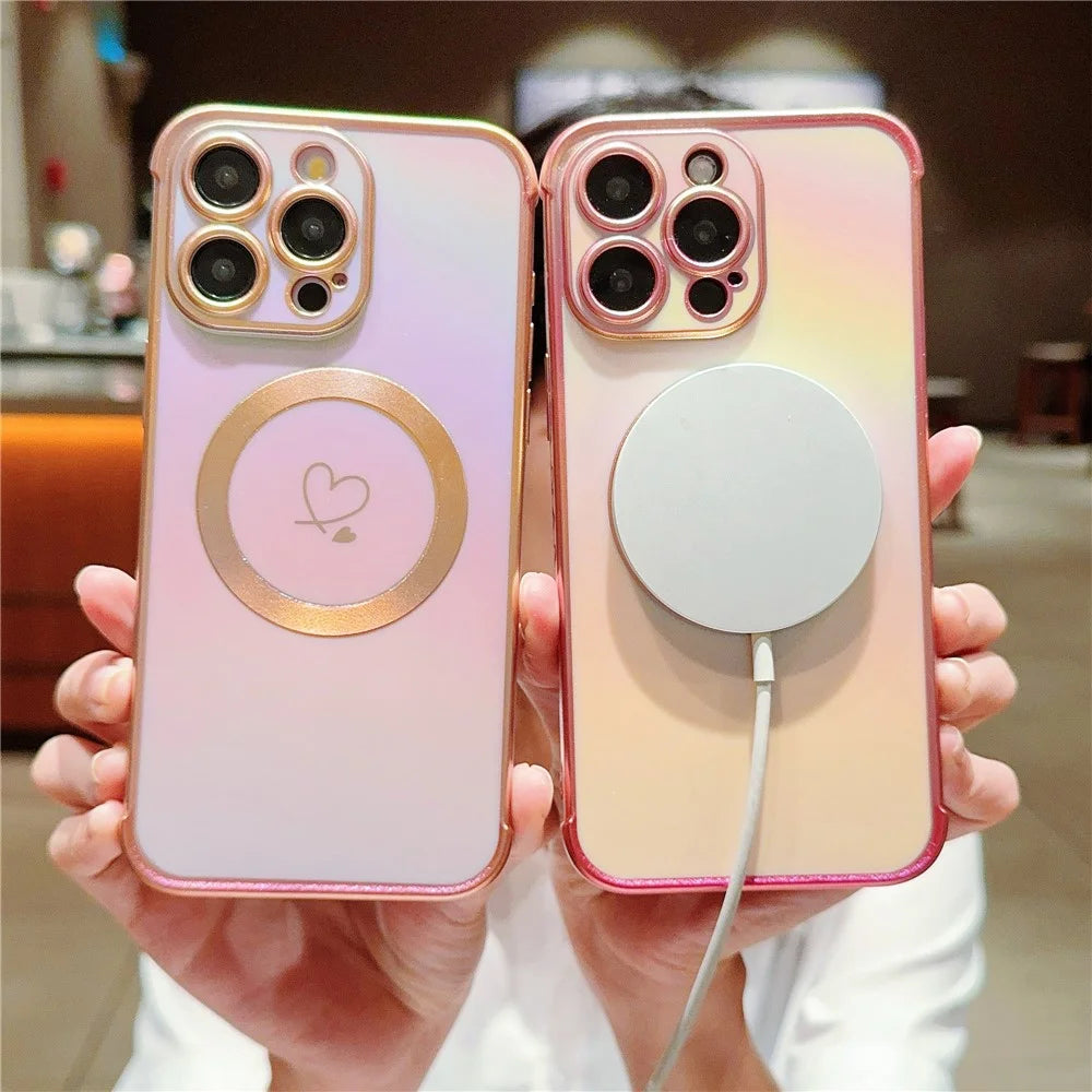 For iPhone 13 Pro Magnetic Case TPU Phone Cover Love Hearts Rainbow Raised Lens Protection - Colorful White - 5
