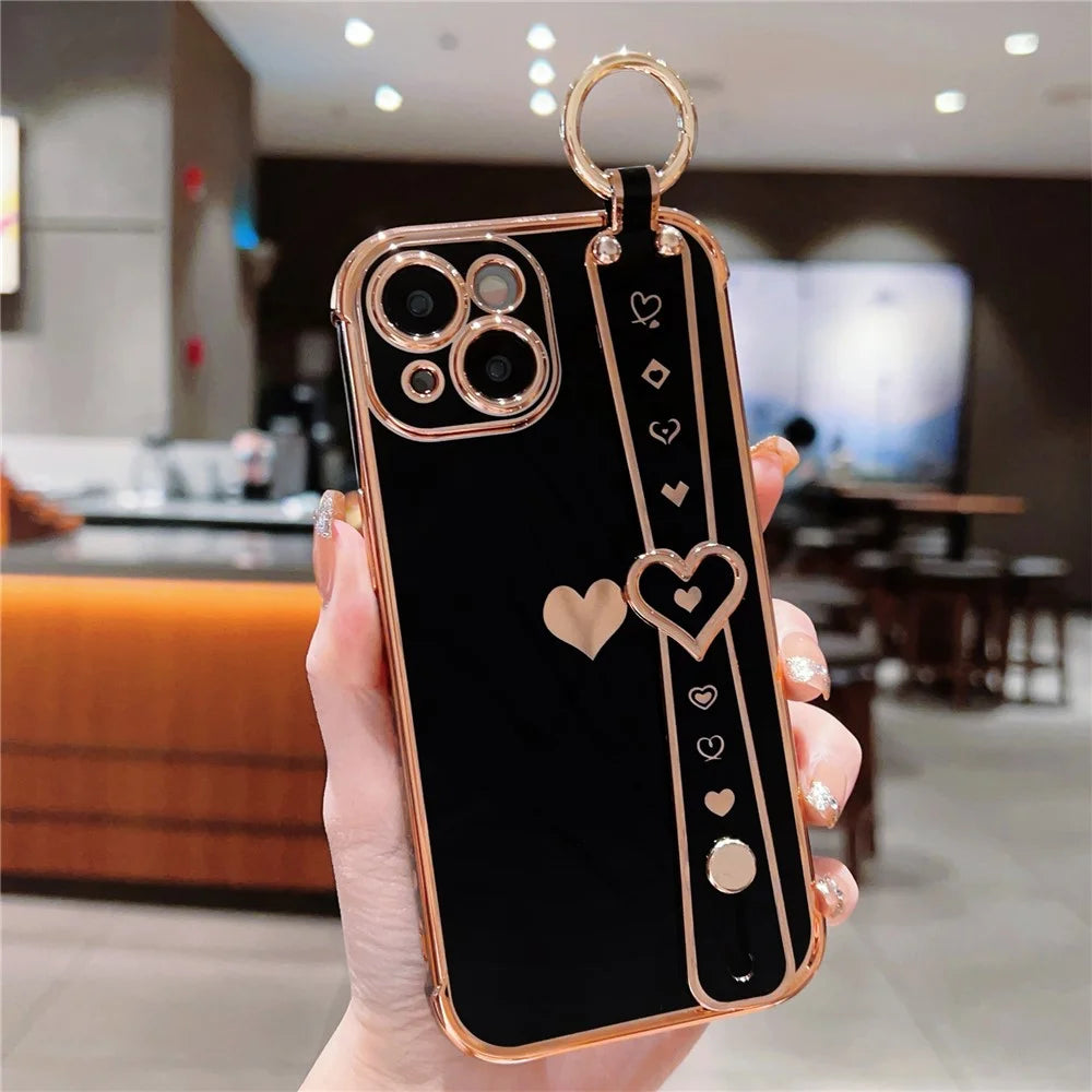 For iPhone 13 Case Love Heart Pattern TPU Phone Cover Wristband Finger Holder - Black - 1