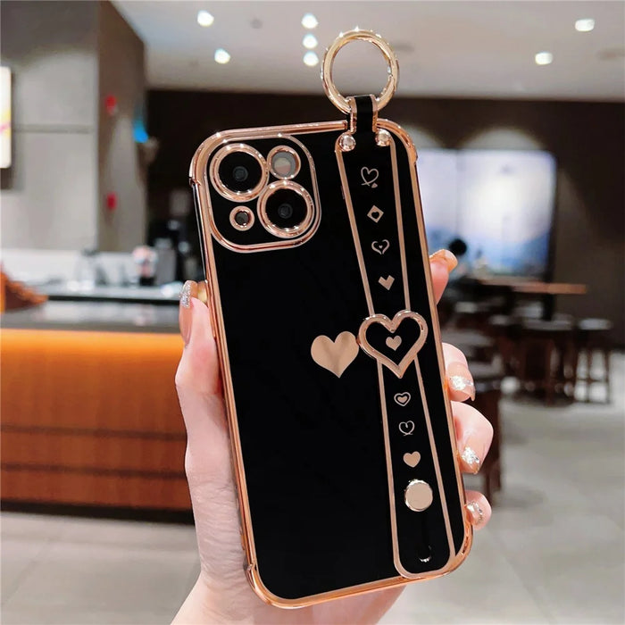 For iPhone 13 Case Love Heart Pattern TPU Phone Cover Wristband Finger Holder - Black - 1