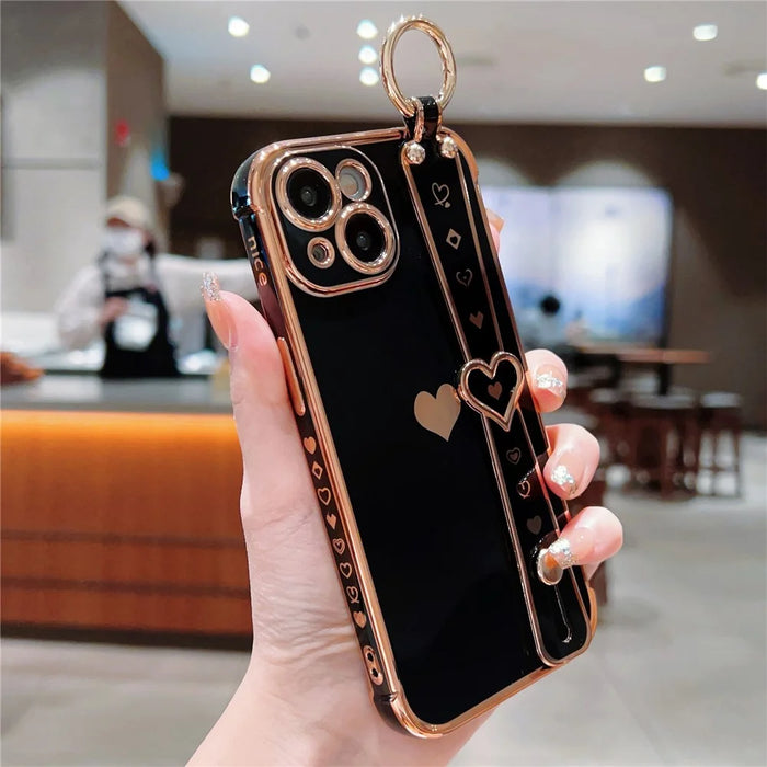 For iPhone 13 Case Love Heart Pattern TPU Phone Cover Wristband Finger Holder - Black - 2