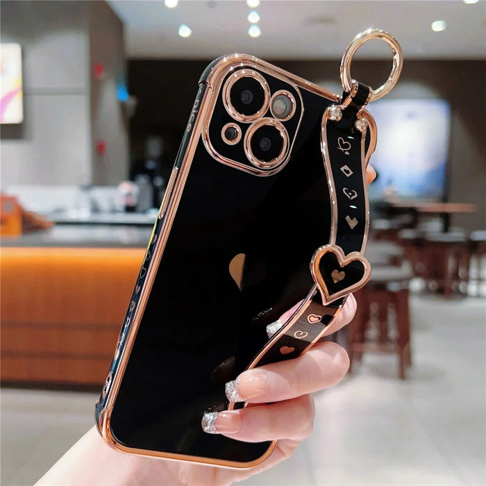 For iPhone 13 Case Love Heart Pattern TPU Phone Cover Wristband Finger Holder - Black - 3