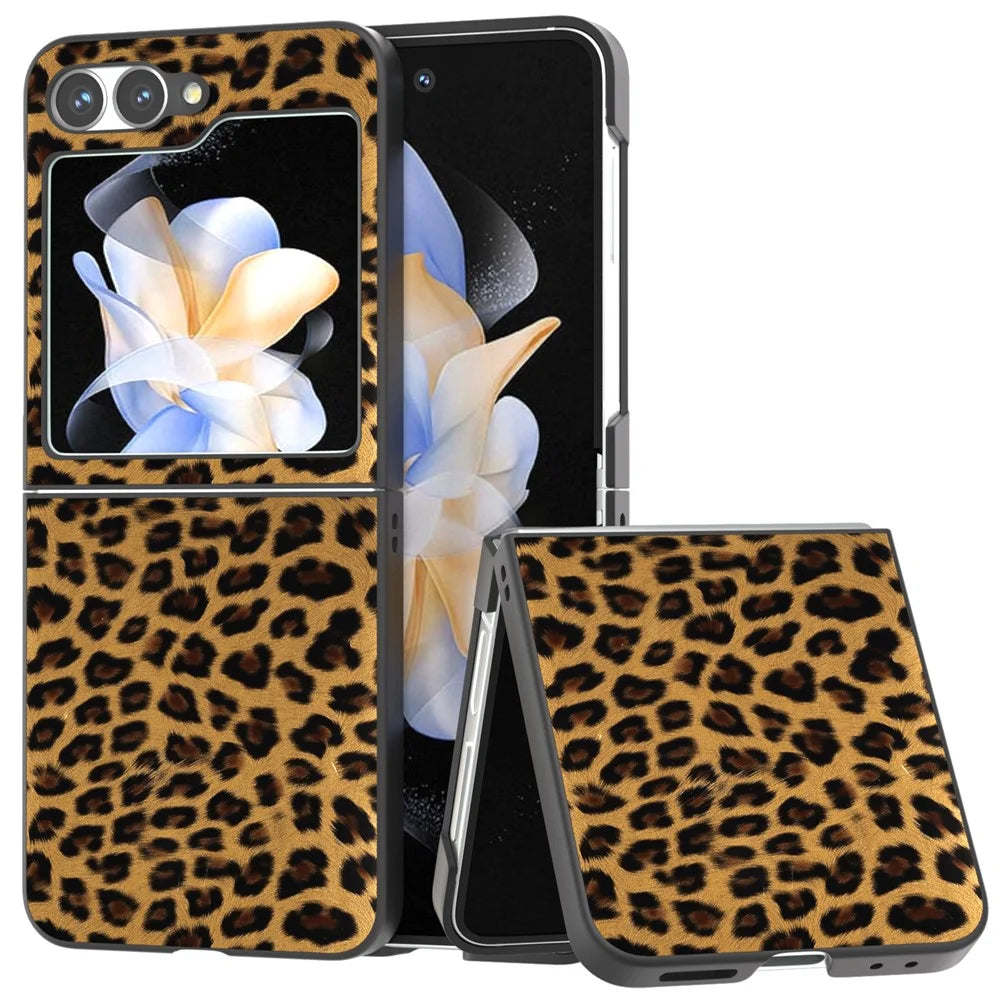 For Samsung Galaxy Z Flip7 FE 5G / Z Flip6 5G Case Black Edge PU+PC Leopard Pattern Phone Cover - Gold - 1