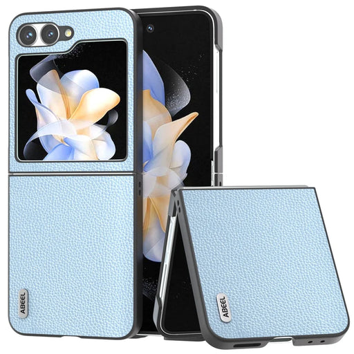ABEEL For Samsung Galaxy Z Flip7 FE 5G / Z Flip6 5G Case Litchi Texture Genuine Cow Leather+PC Phone Cover - Baby Blue - 1
