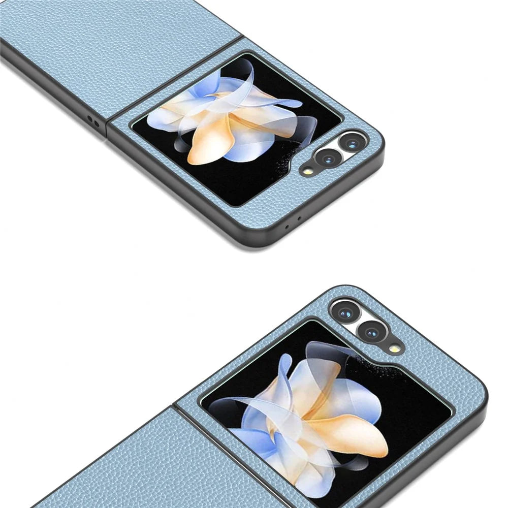 ABEEL For Samsung Galaxy Z Flip7 FE 5G / Z Flip6 5G Case Litchi Texture Genuine Cow Leather+PC Phone Cover - Baby Blue - 2