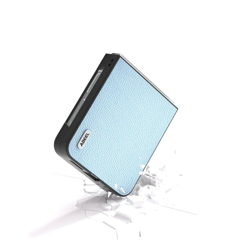 ABEEL For Samsung Galaxy Z Flip7 FE 5G / Z Flip6 5G Case Litchi Texture Genuine Cow Leather+PC Phone Cover - Baby Blue - 3