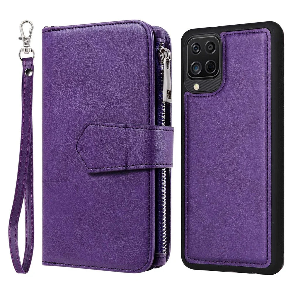 For Samsung Galaxy A12 Magnetic Leather Case Mobile Cover with Detachable Zipper Wallet Strap - Purple - 1