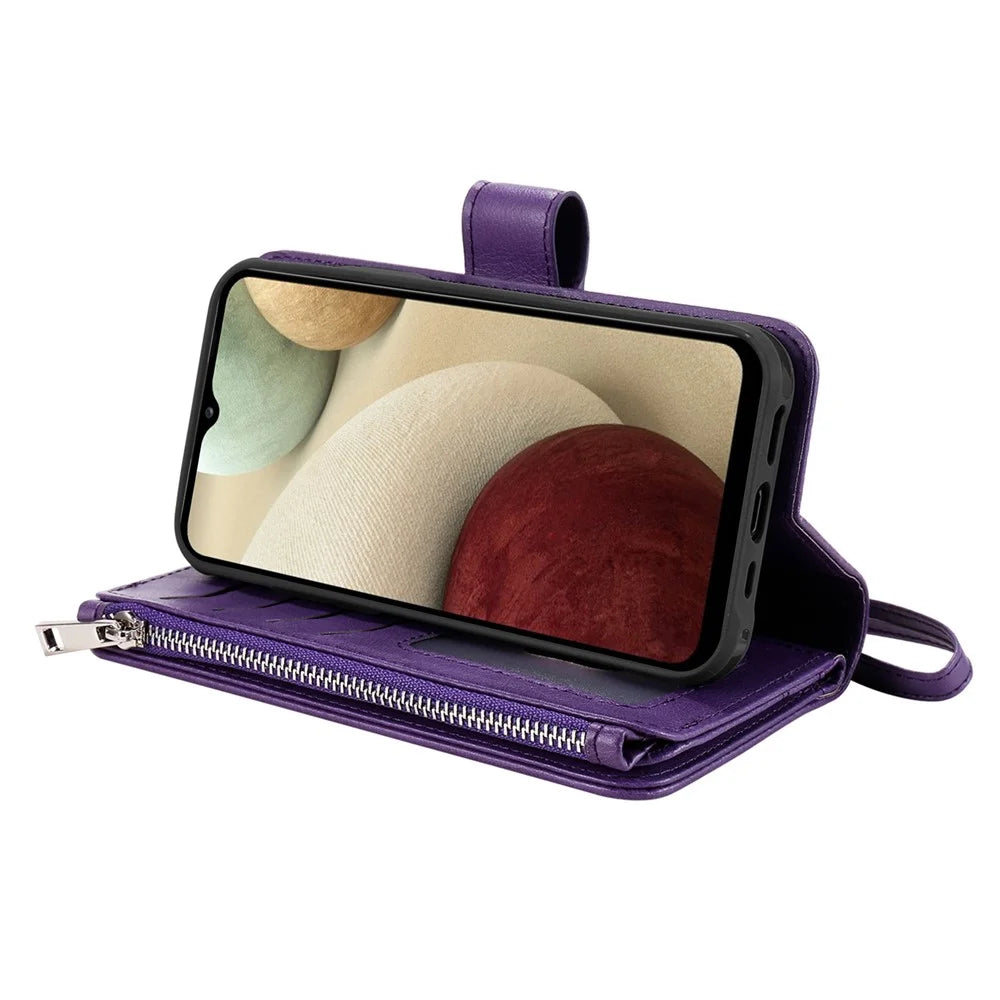 For Samsung Galaxy A12 Magnetic Leather Case Mobile Cover with Detachable Zipper Wallet Strap - Purple - 3