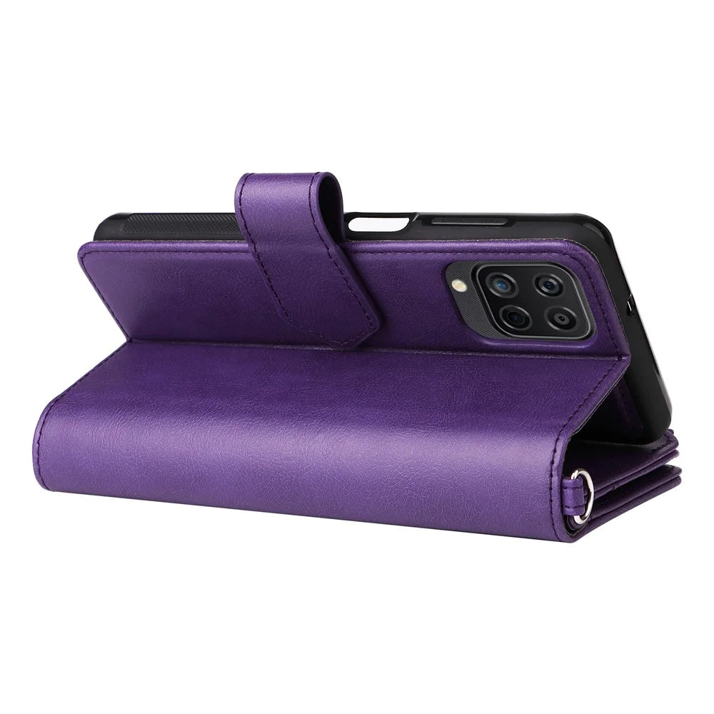 For Samsung Galaxy A12 Magnetic Leather Case Mobile Cover with Detachable Zipper Wallet Strap - Purple - 4