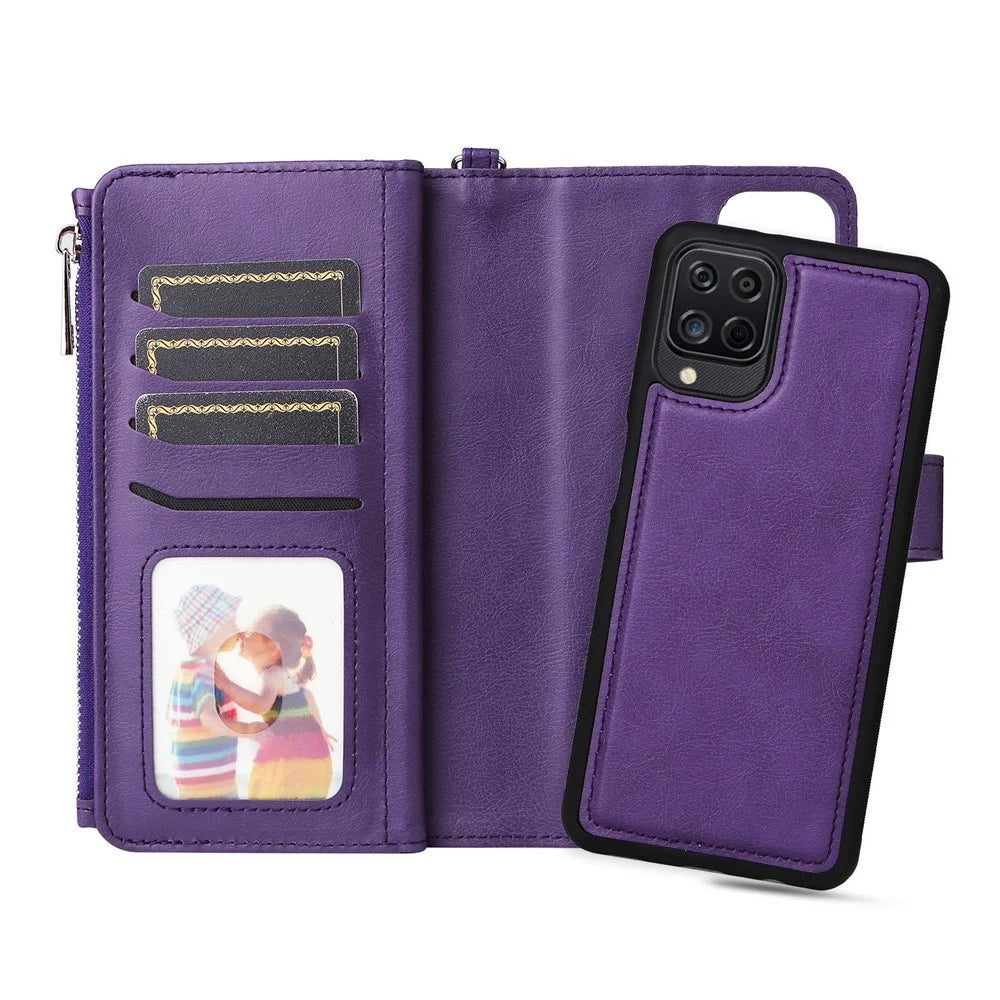 For Samsung Galaxy A12 Magnetic Leather Case Mobile Cover with Detachable Zipper Wallet Strap - Purple - 6