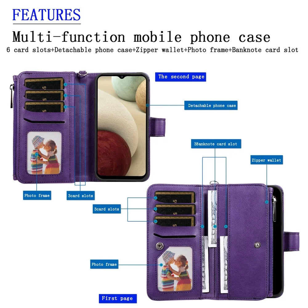 For Samsung Galaxy A12 Magnetic Leather Case Mobile Cover with Detachable Zipper Wallet Strap - Purple - 7