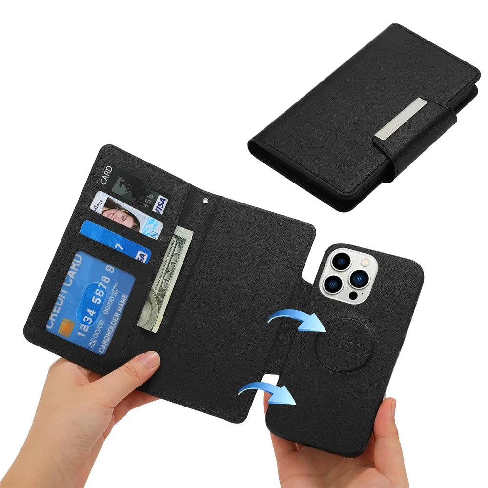 For iPhone 16 Pro Max Wallet Case PU Leather Detachable Phone Cover - Black - 4