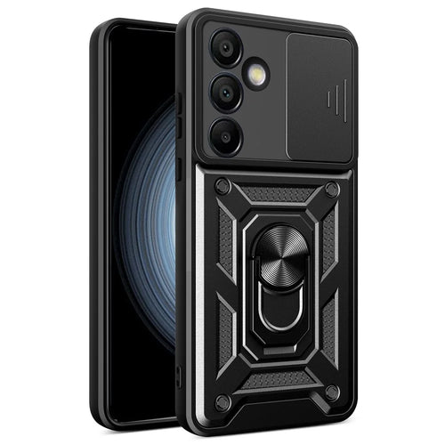 For Samsung Galaxy S24 FE Case PC+TPU Kickstand Phone Cover with Slide Camera Lid - Black - 1