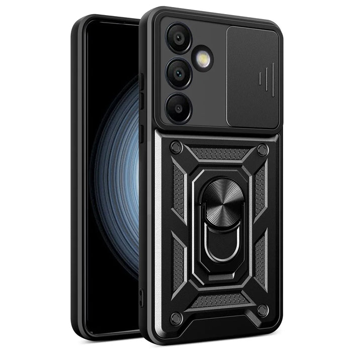 For Samsung Galaxy S24 FE Case PC+TPU Kickstand Phone Cover with Slide Camera Lid - Black - 1