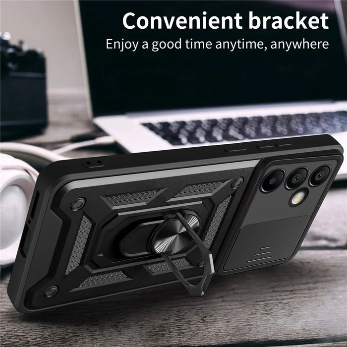 For Samsung Galaxy S24 FE Case PC+TPU Kickstand Phone Cover with Slide Camera Lid - Black - 3