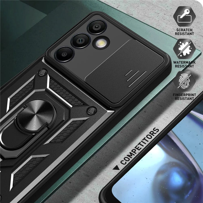 For Samsung Galaxy S24 FE Case PC+TPU Kickstand Phone Cover with Slide Camera Lid - Black - 6