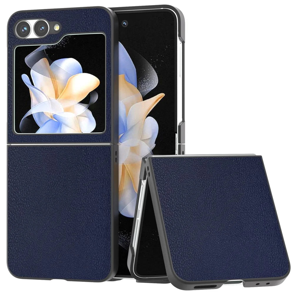 For Samsung Galaxy Z Flip7 FE 5G / Z Flip6 5G Case PU Leather Coated Hard PC Folding Phone Cover - Blue - 1
