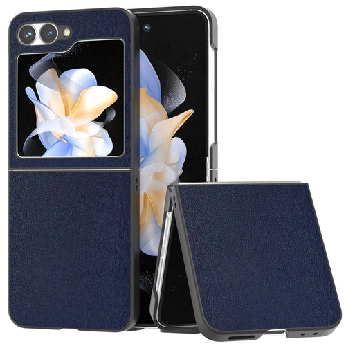 For Samsung Galaxy Z Flip7 FE 5G / Z Flip6 5G Case PU Leather Coated Hard PC Folding Phone Cover - Blue - 1