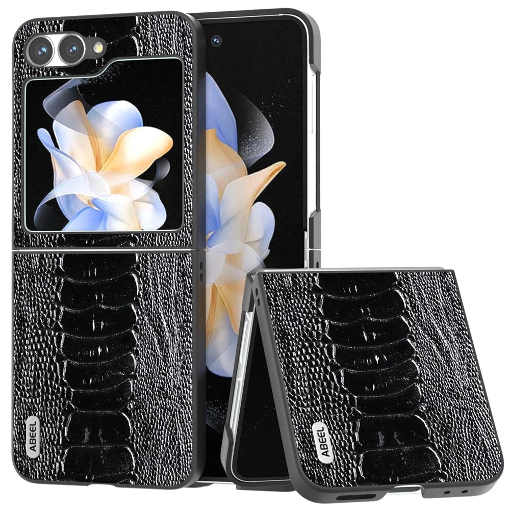 ABEEL For Samsung Galaxy Z Flip7 FE 5G / Z Flip6 5G Case Crocodile Texture Genuine Cow Leather Back Phone Cover - Black - 1