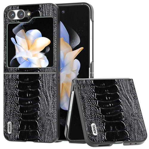 ABEEL For Samsung Galaxy Z Flip7 FE 5G / Z Flip6 5G Case Crocodile Texture Genuine Cow Leather Back Phone Cover - Black - 1