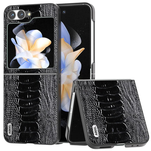 ABEEL For Samsung Galaxy Z Flip7 FE 5G / Z Flip6 5G Case Crocodile Texture Genuine Cow Leather Back Phone Cover - Black - 1